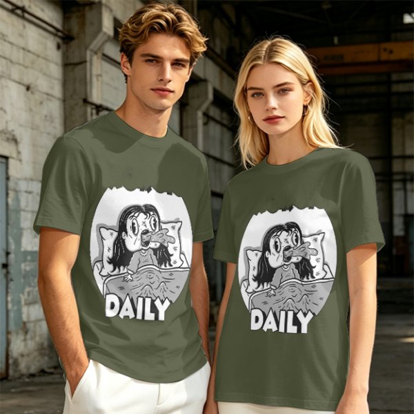 Olive green graphic t-shirt with bedridden cartoon girl and 'DAILY' text