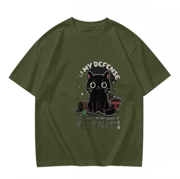 Olive t-shirt with black cat 'In My Defense I Was Under Catnip' print