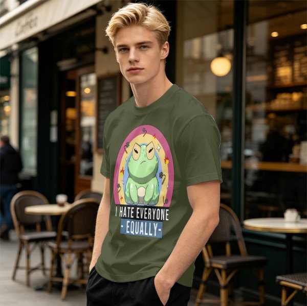 Olive T-Shirt With Grumpy Frog 'I Hate Everyone Equally' Print