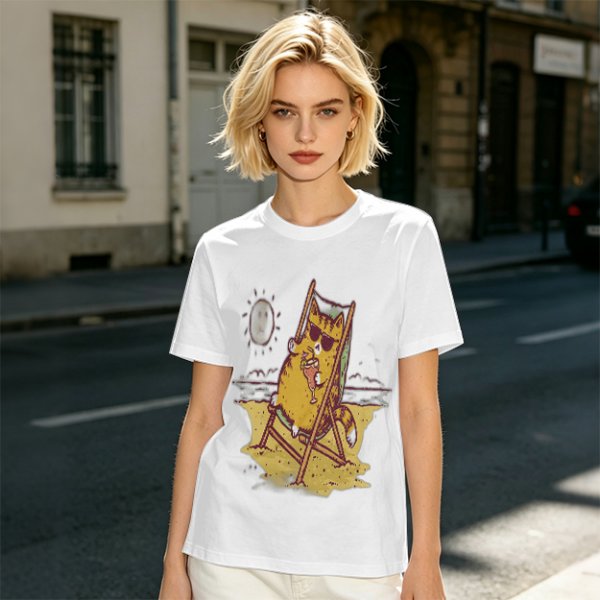 Olive T-Shirt With Cool Cat Lounging On Beach Chair Holding Drink