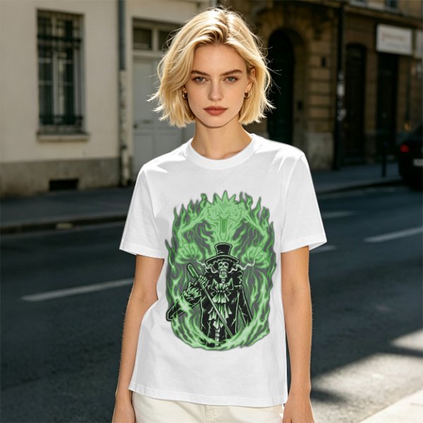Olive T-Shirt With Skeleton Gentleman And Green Flames Art