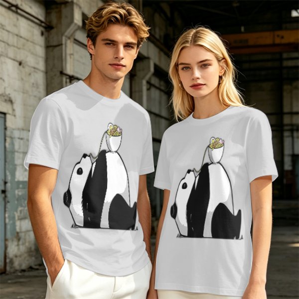 Olive T-Shirt With Panda Balancing Ramen Bowl Print