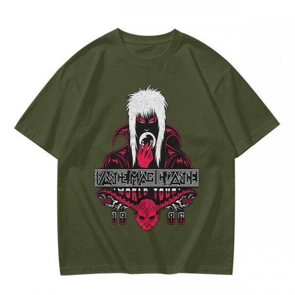 Olive graphic tee with dark fantasy character and tour print