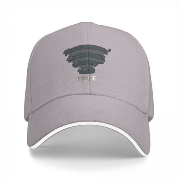 Black baseball cap with stacked cat graphic and 'FREE' text