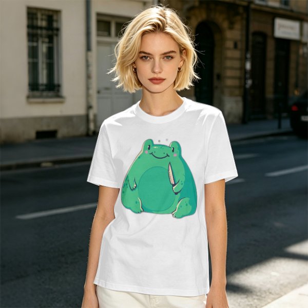 Olive Green T-Shirt With Cute Frog Holding Knife Graphic