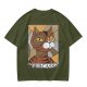 Olive green t-shirt with cubist style cat print and Purrcasso text