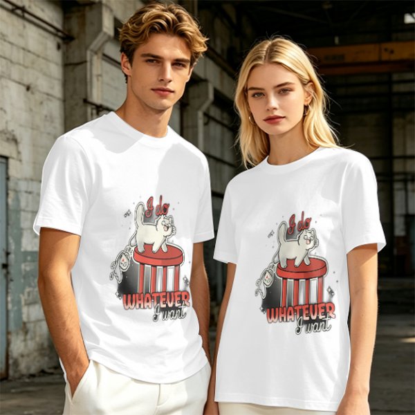 Olive graphic tee with a white cat on a stool and the text I do whatever I want