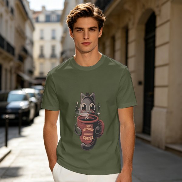 Olive t-shirt with a cartoon cat and coffee cup graphic