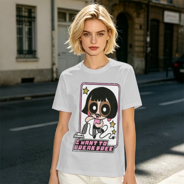 Olive green graphic t-shirt with Powerpuff-style character and 'I Want To Break Free' text