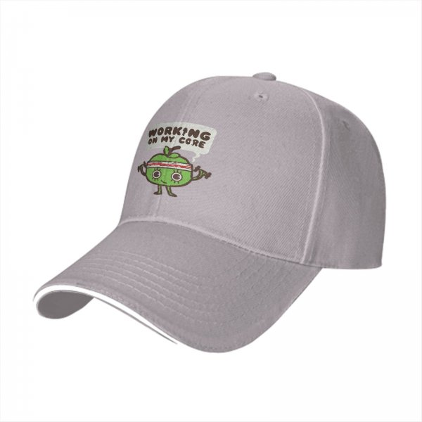 Black baseball cap with 'Working On My Core' fitness apple graphic
