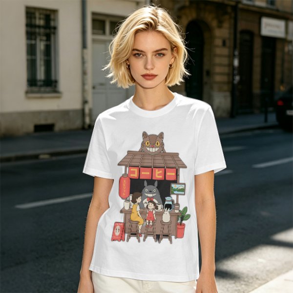 Studio Ghibli inspired coffee stand t-shirt with Totoro and friends