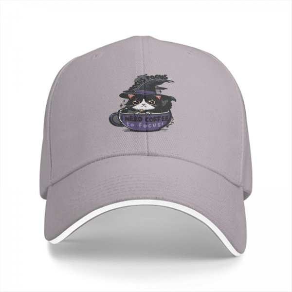 Black baseball cap with witch cat coffee cup 'I need coffee to focus' print