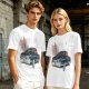 Olive Green Graphic T-Shirt with Classic Dark Car and Orange Text Print
