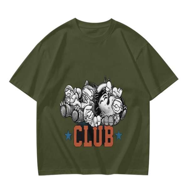 Olive T-Shirt With Cartoon Characters And 'CLUB' Graphic Print