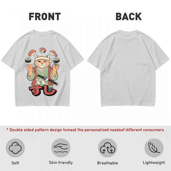 Olive T-Shirt With Cat Sushi Chef Juggling Sushi Print