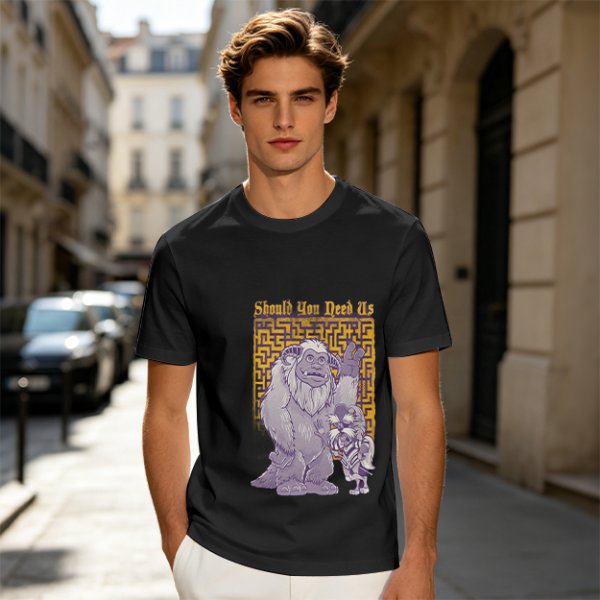 Olive graphic tee with maze and fantasy creatures reading Should You Need Us