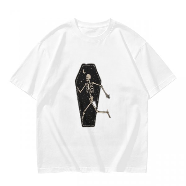 Olive t-shirt with skeleton running from starry coffin graphic