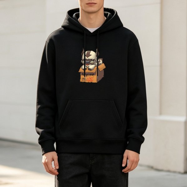 Black hoodie with Appa from Avatar: The Last Airbender in a box that says Adopt me I'm Lost
