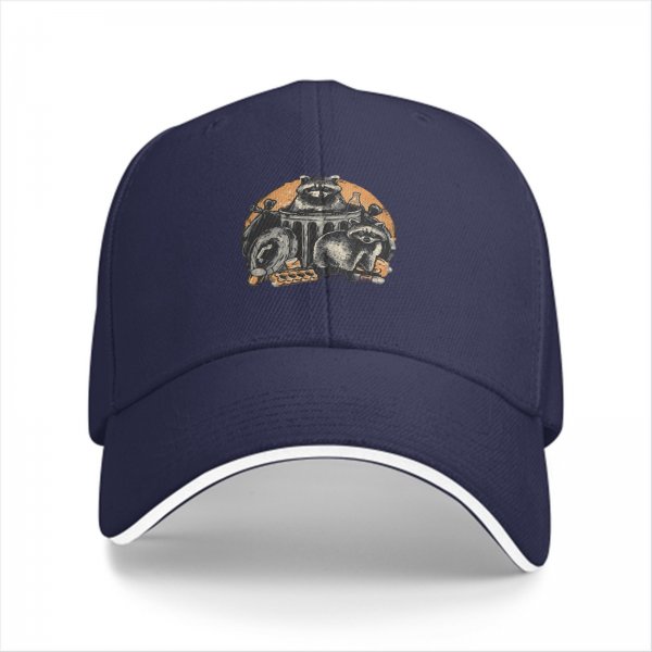 Black baseball cap with raccoons in trash graphic design