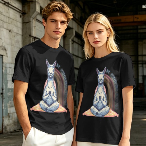 Olive T-Shirt With Meditating Llama Rainbow Graphic