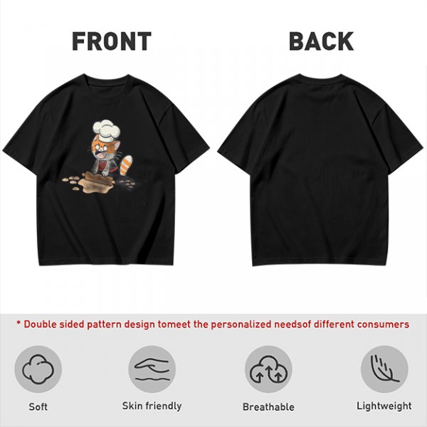 Olive T-shirt with a stressed cartoon cat baking cookies