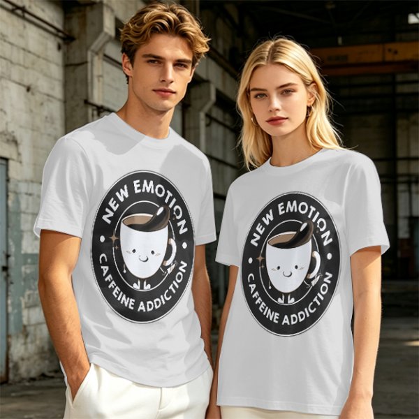 Olive t-shirt with 'New Emotion Caffeine Addiction' coffee cup graphic