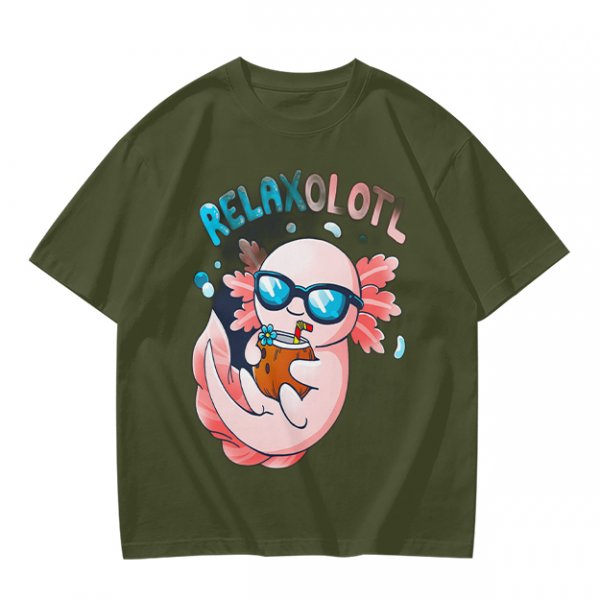 Olive t-shirt with a relaxed axolotl wearing sunglasses holding a drink
