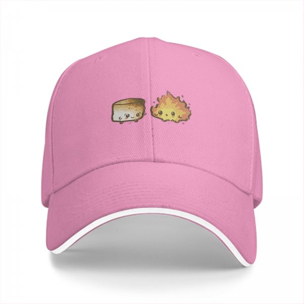 Black baseball cap with cute roasted marshmallow and fire graphic