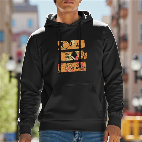 Black hoodie with One Piece themed graphic print
