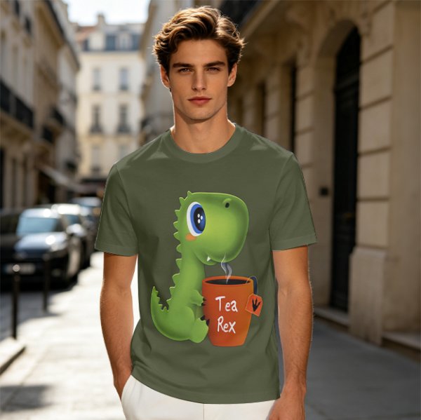 Olive green t-shirt with cute Tea Rex dinosaur holding a steaming tea mug