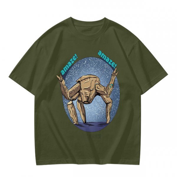Olive T-Shirt With Rocking Stone Alien Robot And Amaze Text Print