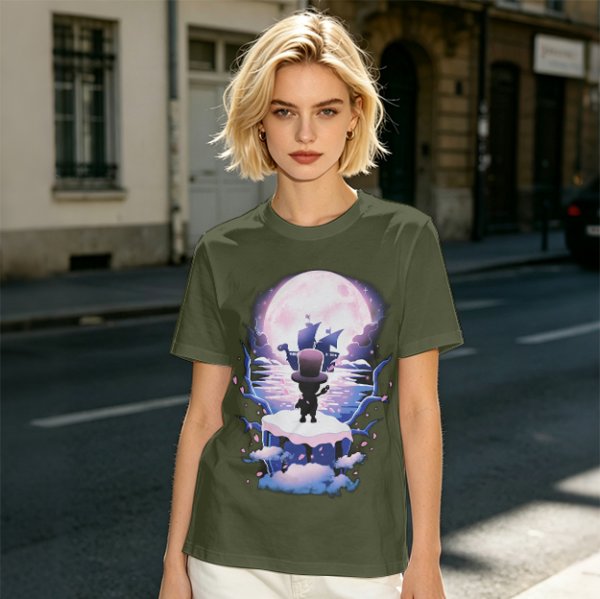 Olive T-Shirt With Moonlit Pirate Ship And Silhouette Figure Print
