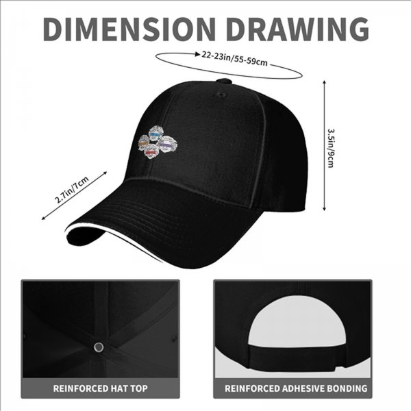 Black baseball cap with four stylized older women wearing colored visors