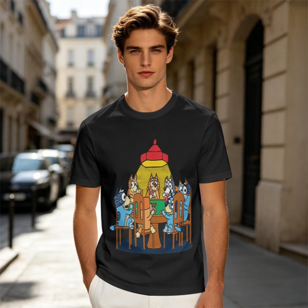 Olive green t-shirt with cartoon dogs playing poker under a hanging lamp