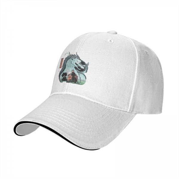 Black baseball cap with dragon and anime character graphic print