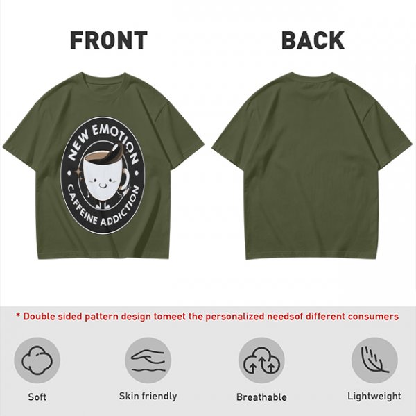 Olive t-shirt with 'New Emotion Caffeine Addiction' coffee cup graphic