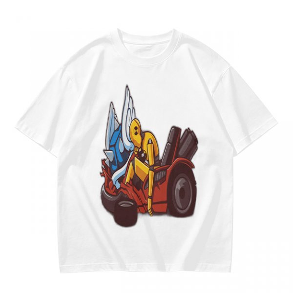Olive T-Shirt With Cartoon Robot And Winged Vehicle Graphic