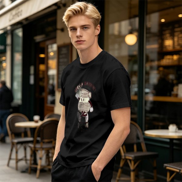 Olive Green T-Shirt with 'Hello Monday!' Coffee Character Graphic