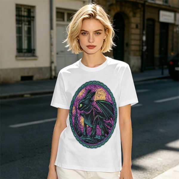 Olive T-Shirt Featuring Stylized Night Dragon In Swirling Oval Art