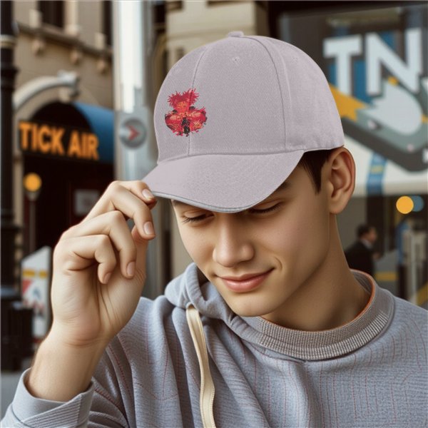 Black Baseball Cap With Red Anime Character Graphic Print