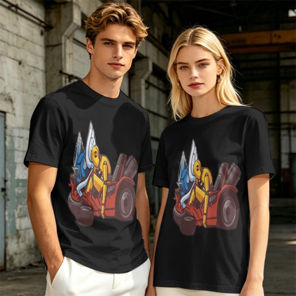 Olive T-Shirt With Cartoon Robot And Winged Vehicle Graphic
