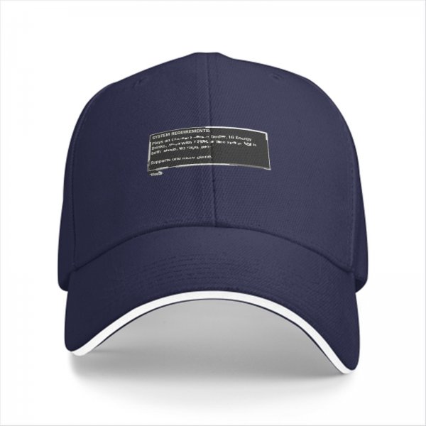 Black baseball cap with system requirements text print