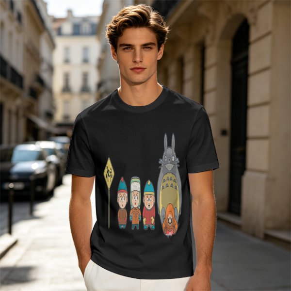 Olive T-shirt with cartoon characters print featuring Totoro and small figures