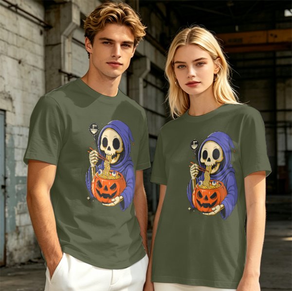 Grim Reaper Eating Ramen from Jack-o'-lantern Pumpkin Bowl T-Shirt