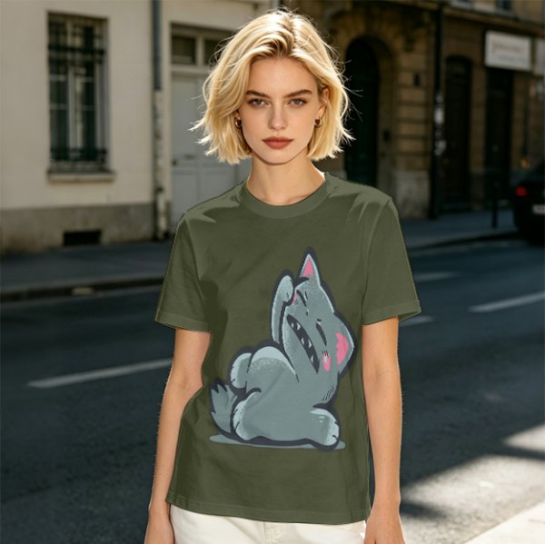 Olive T-Shirt With Embarrassed Gray Cat Graphic Print