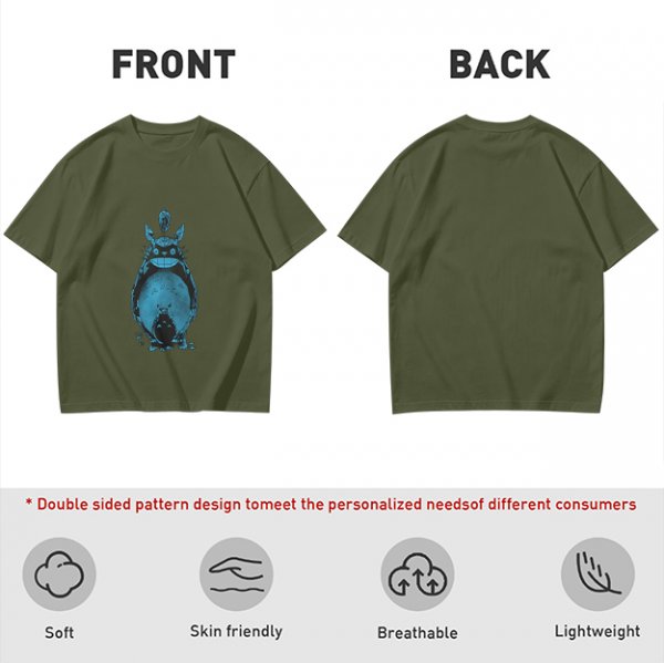 Olive Green T-Shirt With Blue Totoro Inspired Graphic Print