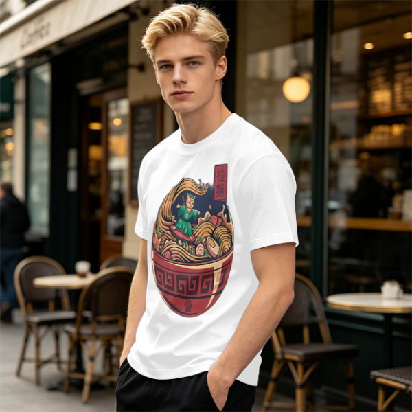 Olive T-shirt with Samurai Cat Surfing Ramen Bowl Art