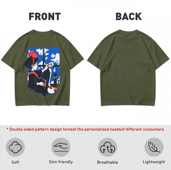 Olive t-shirt with Kiki's Delivery Service window print of girl reading letter
