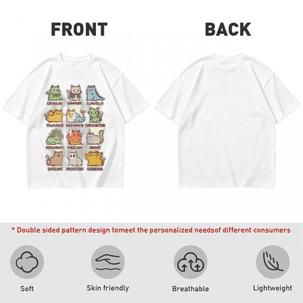 Olive green t-shirt with cute mythical monster cat graphic prints