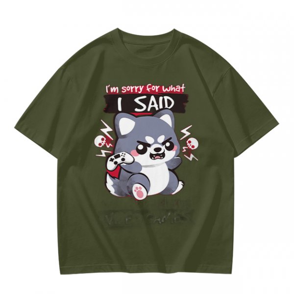 Olive t-shirt with angry gaming wolf graphic and funny apology text